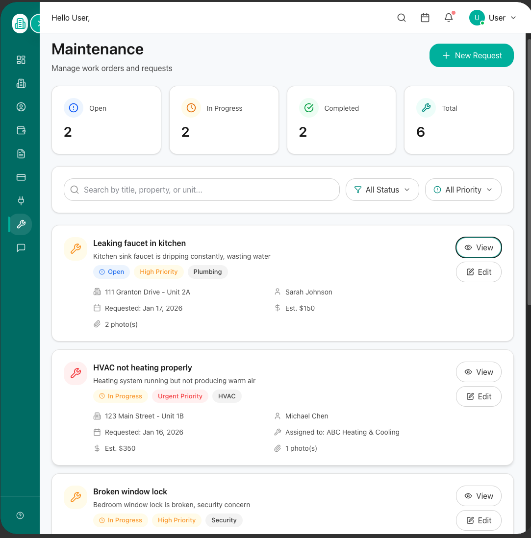 Maintenance Management - Track work orders and requests